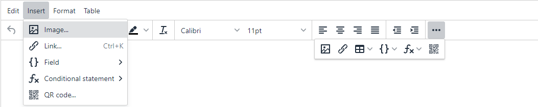 Signature 365 template editor Insert menu showing Image, Link, Field, Conditional Statement, and QR Code options